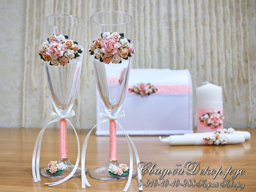 Свадебные фужеры для шампанского набор аксессуаров в розовом цвете заказать недорого СвадьбаДекор