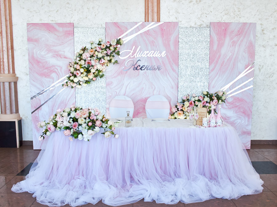 Декор свадебного зала цветами, тканями, аксессуарами розовый мрамор кафе Ренессанс заказать купить недорого